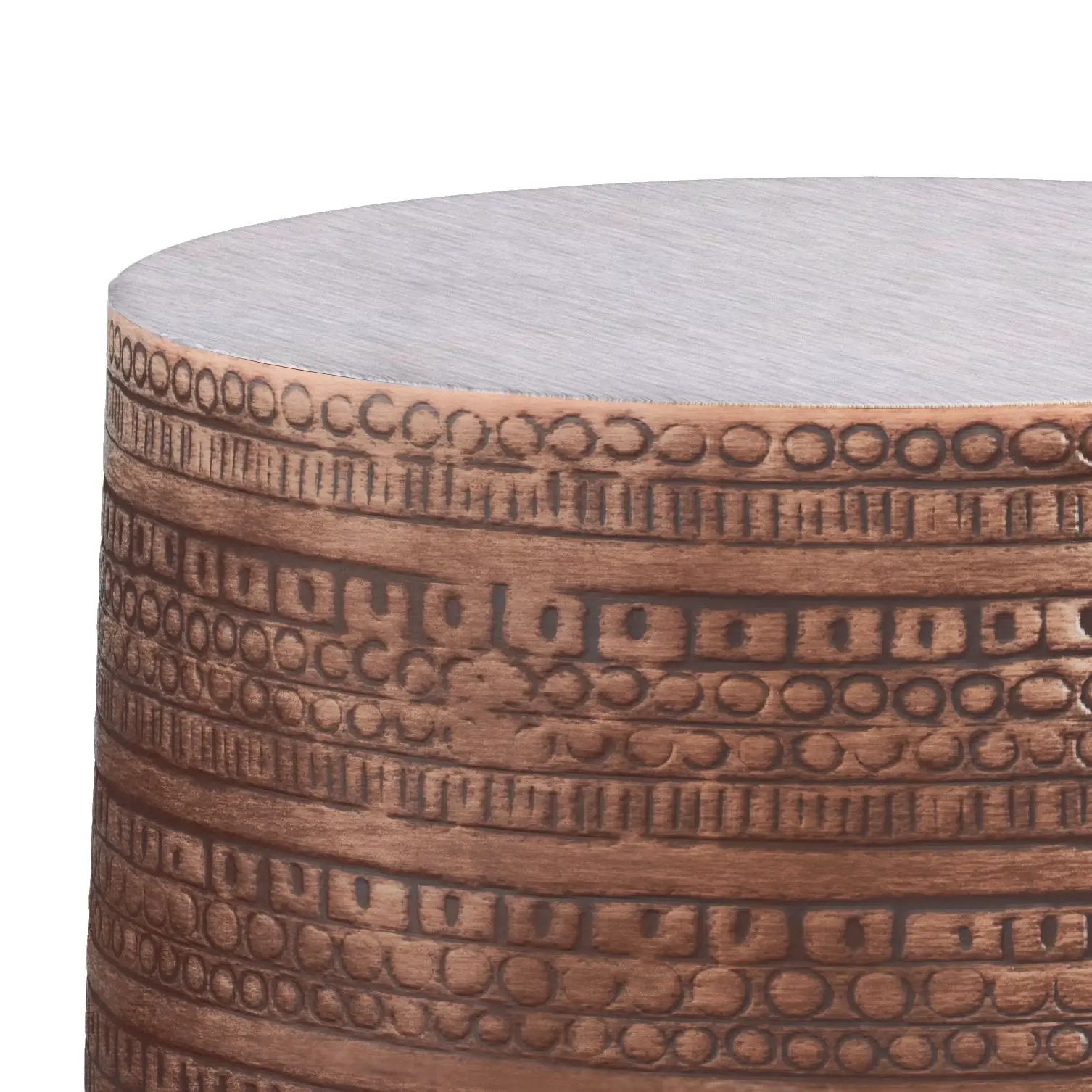 Johnsen large metal accent table copper embossed ring pattern and brushed top Unique Piece on Tampa Home & Garden Store