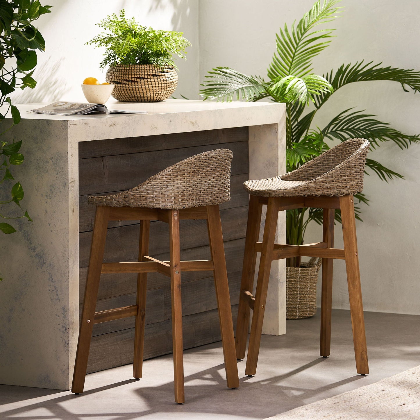 Beeson Outdoor Wicker and Acacia Barstool Set