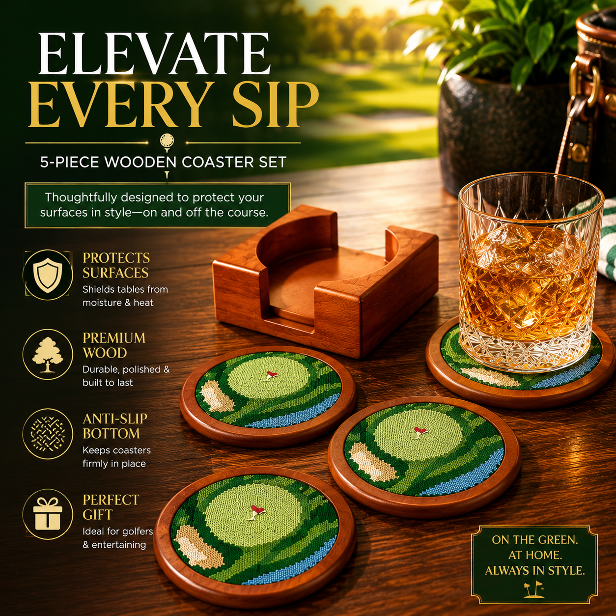 Set of Four Wooden Golf Coasters With Holder