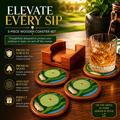 Set of Four Wooden Golf Coasters With Holder
