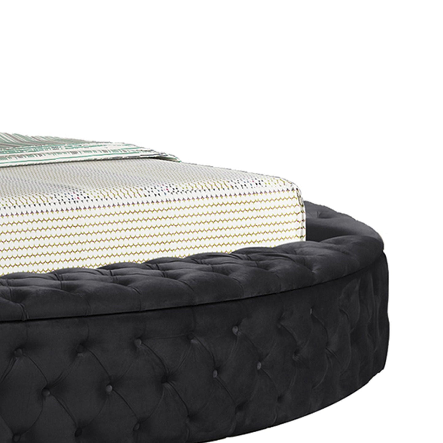 Hazel storage bed by HouseOfZazla in black tufted upholstery with patterned mattress on Tampa Home & Garden Store