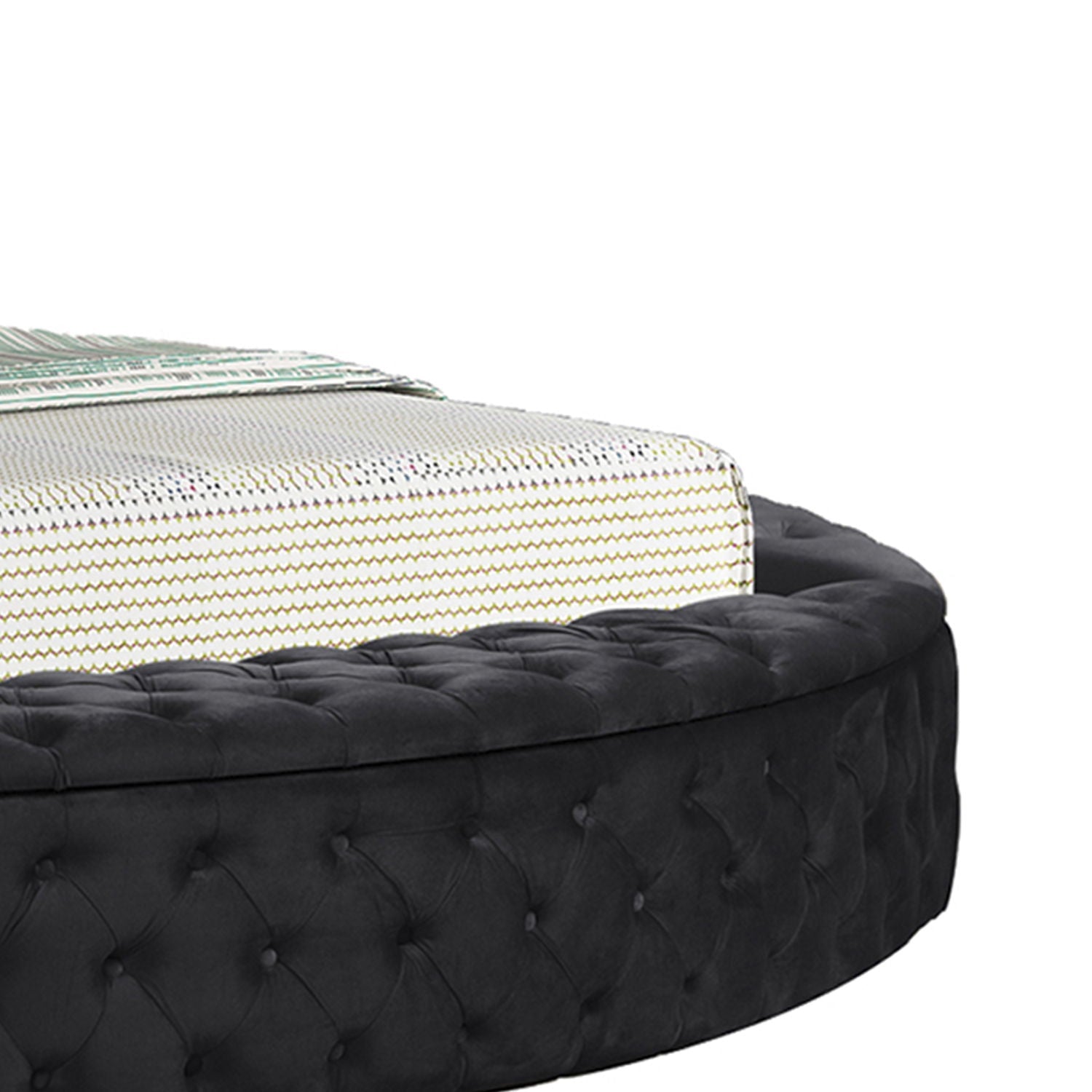 Hazel storage bed by HouseOfZazla in black tufted upholstery with patterned mattress on Tampa Home & Garden Store