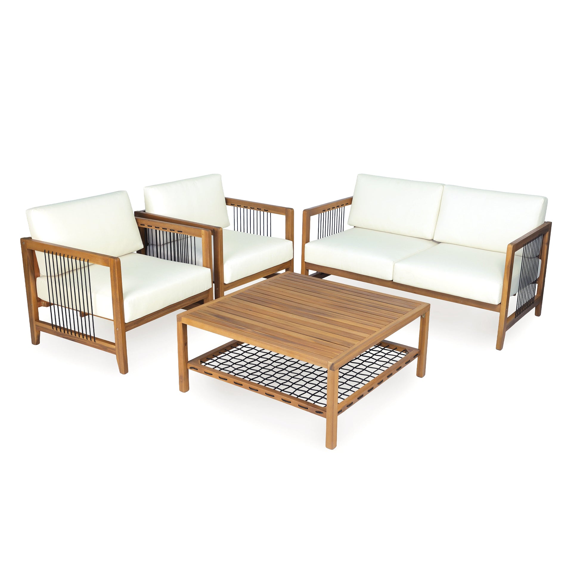 4-Piece Acacia Wood Outdoor Patio Sofa Set with white cushions by HouseOfZazla on Tampa Home & Garden Store
