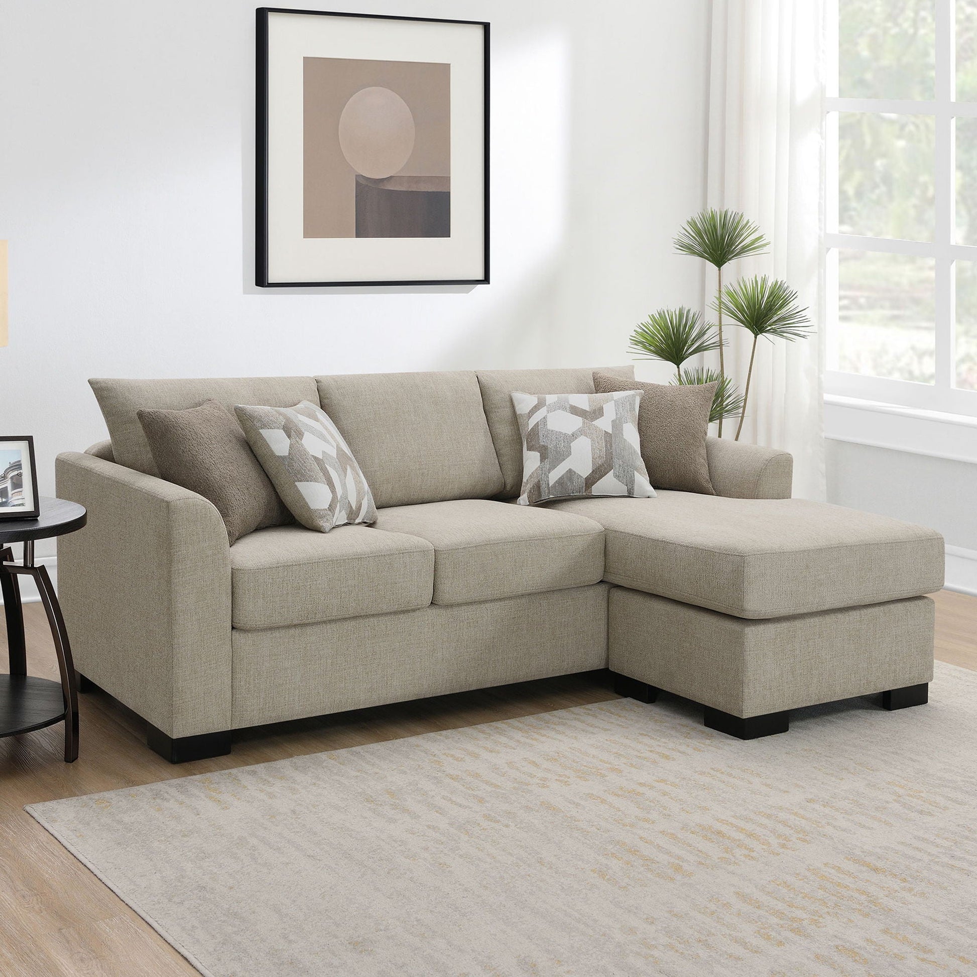 Pacheco Sleeper Sectional Chaise Sofa beige fabric with throw pillows by HouseOfZazla on Tampa Home & Garden Store
