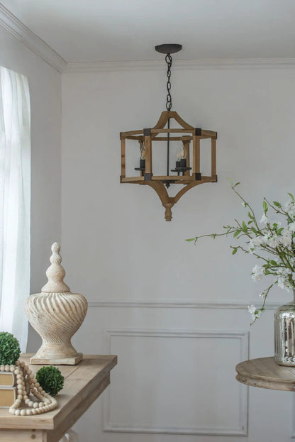 Three Light Wood Drum Chandelier With Chain Brown