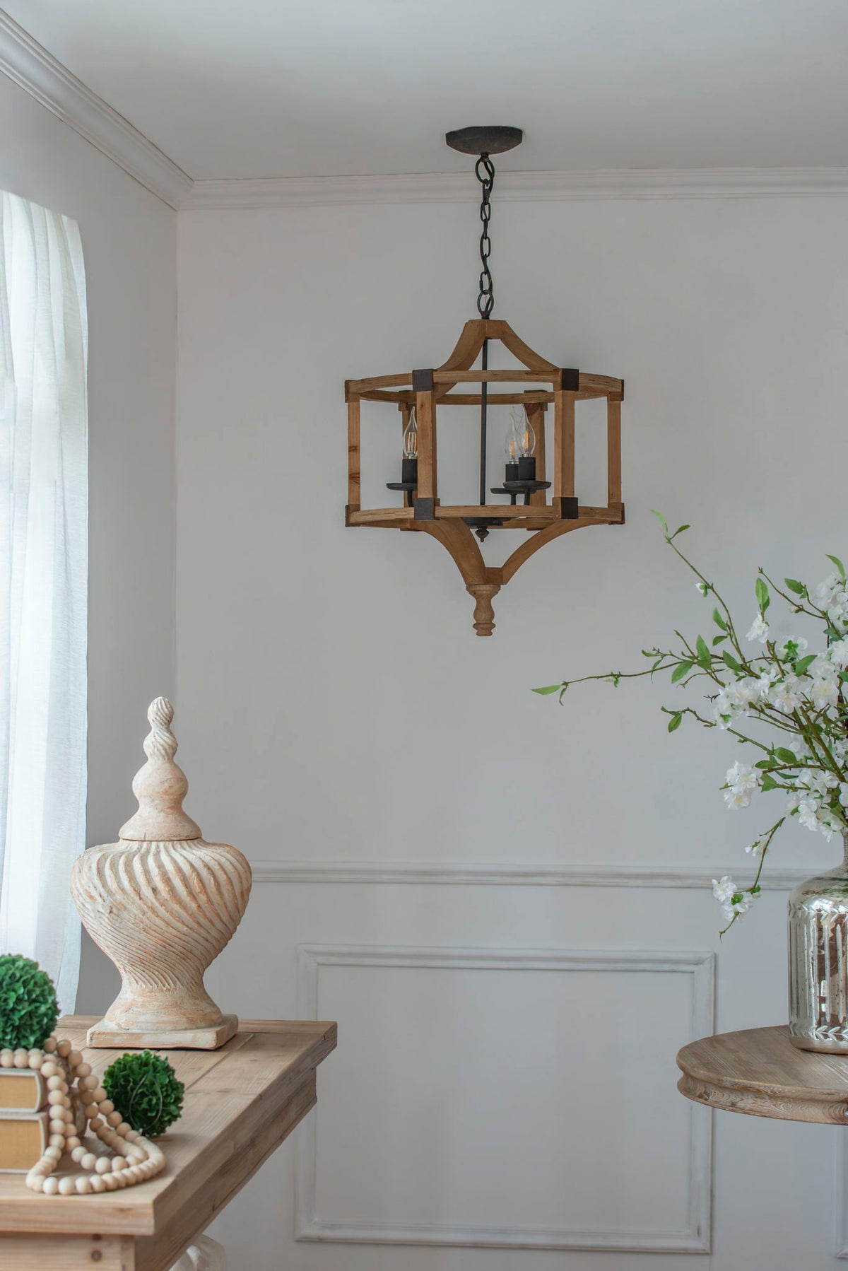 3-light wood drum chandelier with adjustable chain in brown finish on Tampa Home & Garden Store