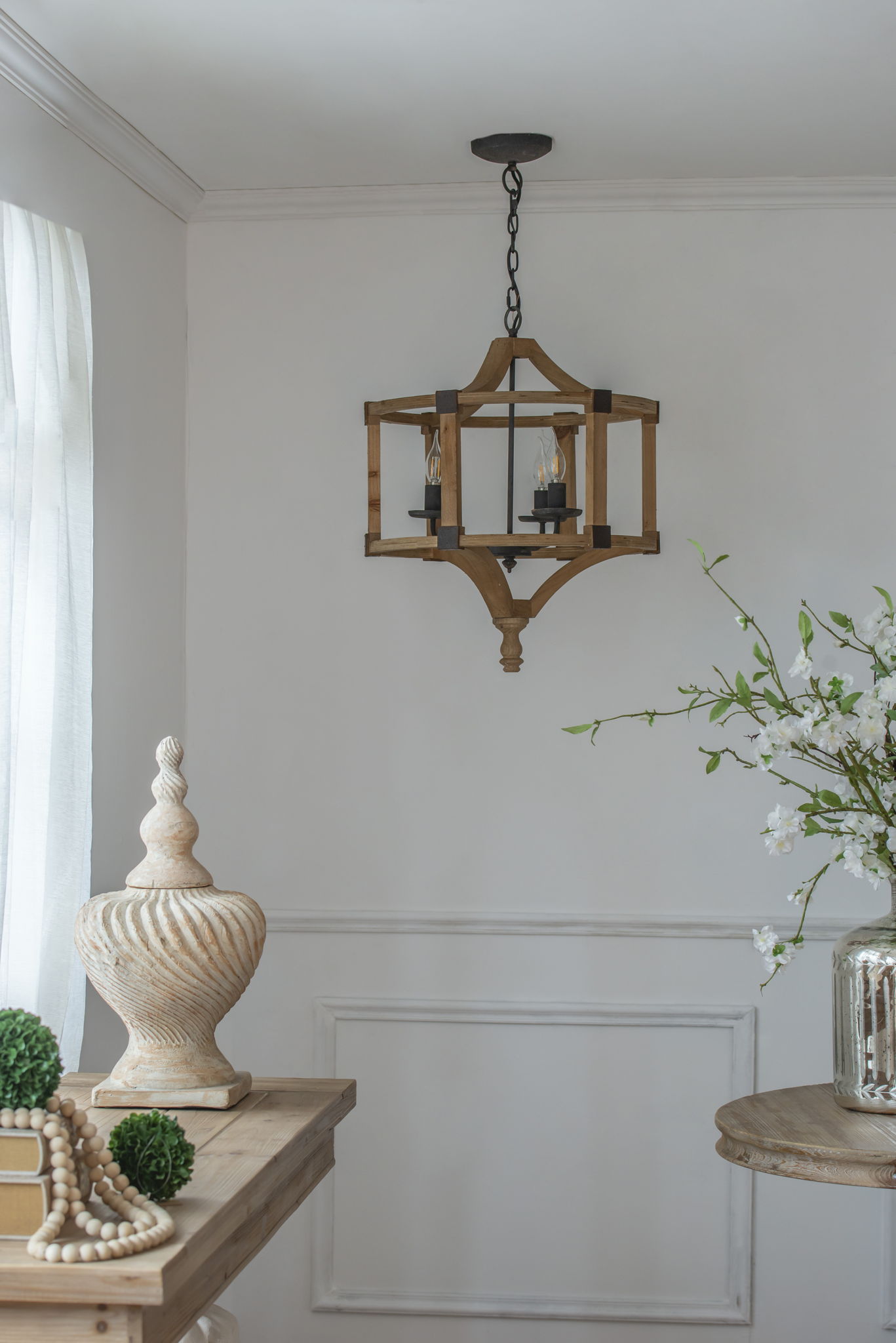 3-light wood drum chandelier with adjustable chain in brown finish on Tampa Home & Garden Store