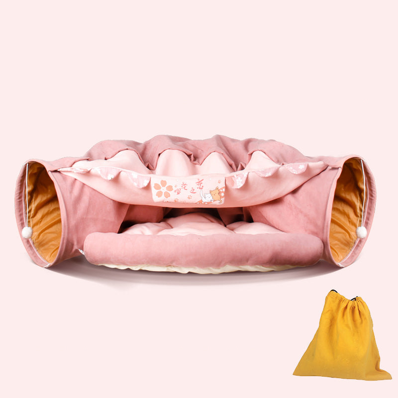 Four Seasons Cat Tunnel Bed pink plush with yellow storage bag by Sell My Stuff on Tampa Home & Garden Store
