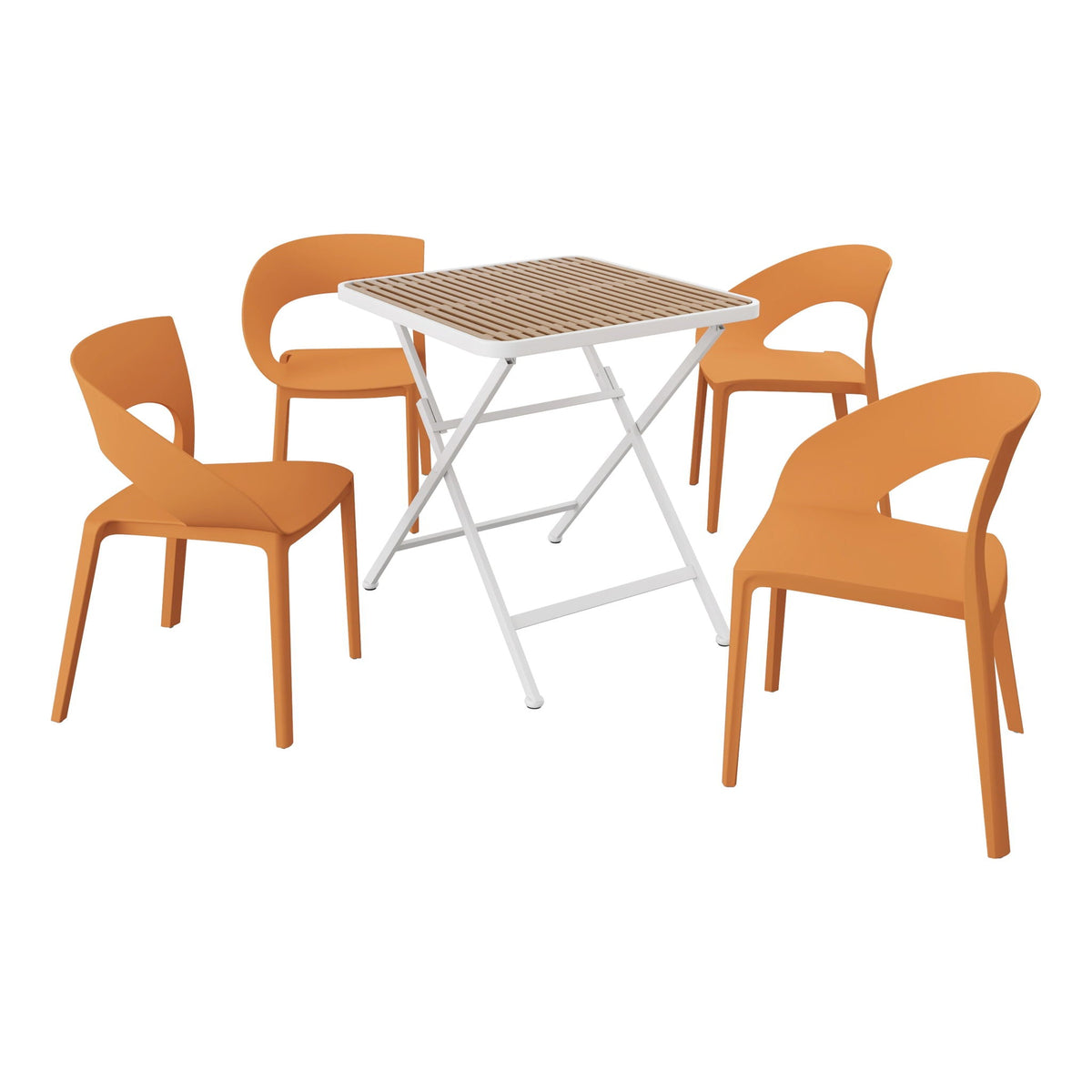 Modern 4pc Outdoor Set with Folding Table orange chairs around a white wood slatted table on Tampa Home & Garden Store