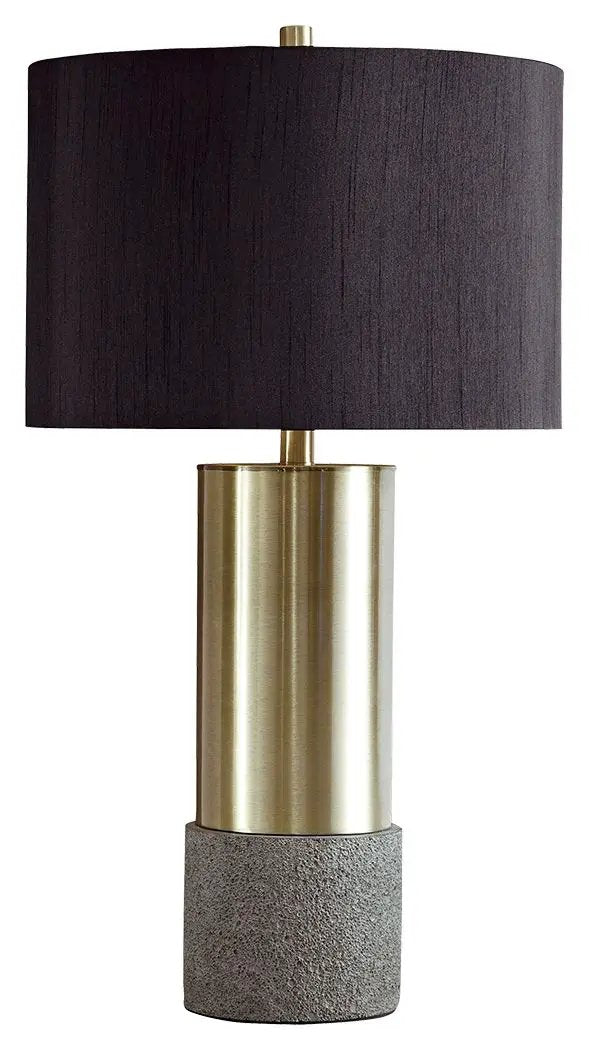 Jacek metal table lamp brass cylindrical body, black fabric shade, concrete base on Tampa Home & Garden Store