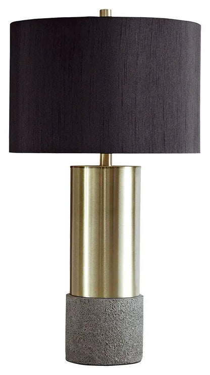 Jacek metal table lamp brass cylindrical body, black fabric shade, concrete base on Tampa Home & Garden Store