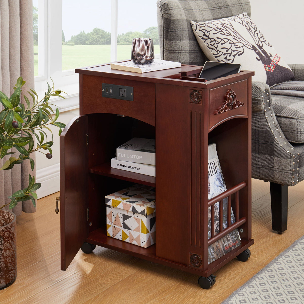 Traditional End Table with Charging Station in red walnut wood, built-in outlets on Tampa Home & Garden Store