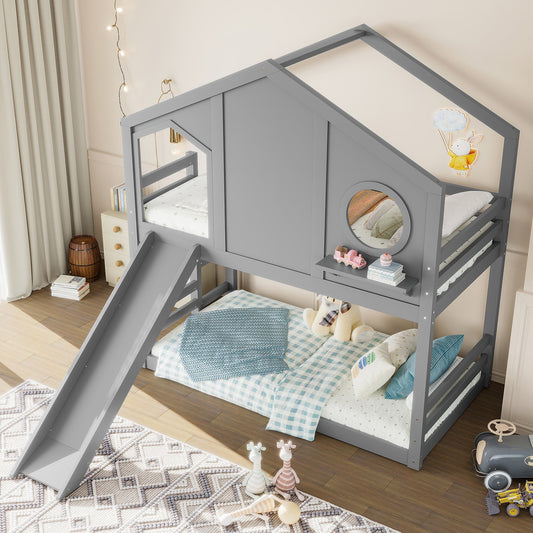 Twin House Bunk Bed with Slide and Storage Shelves frame with storage and playhouse roof on Tampa Home & Garden Store