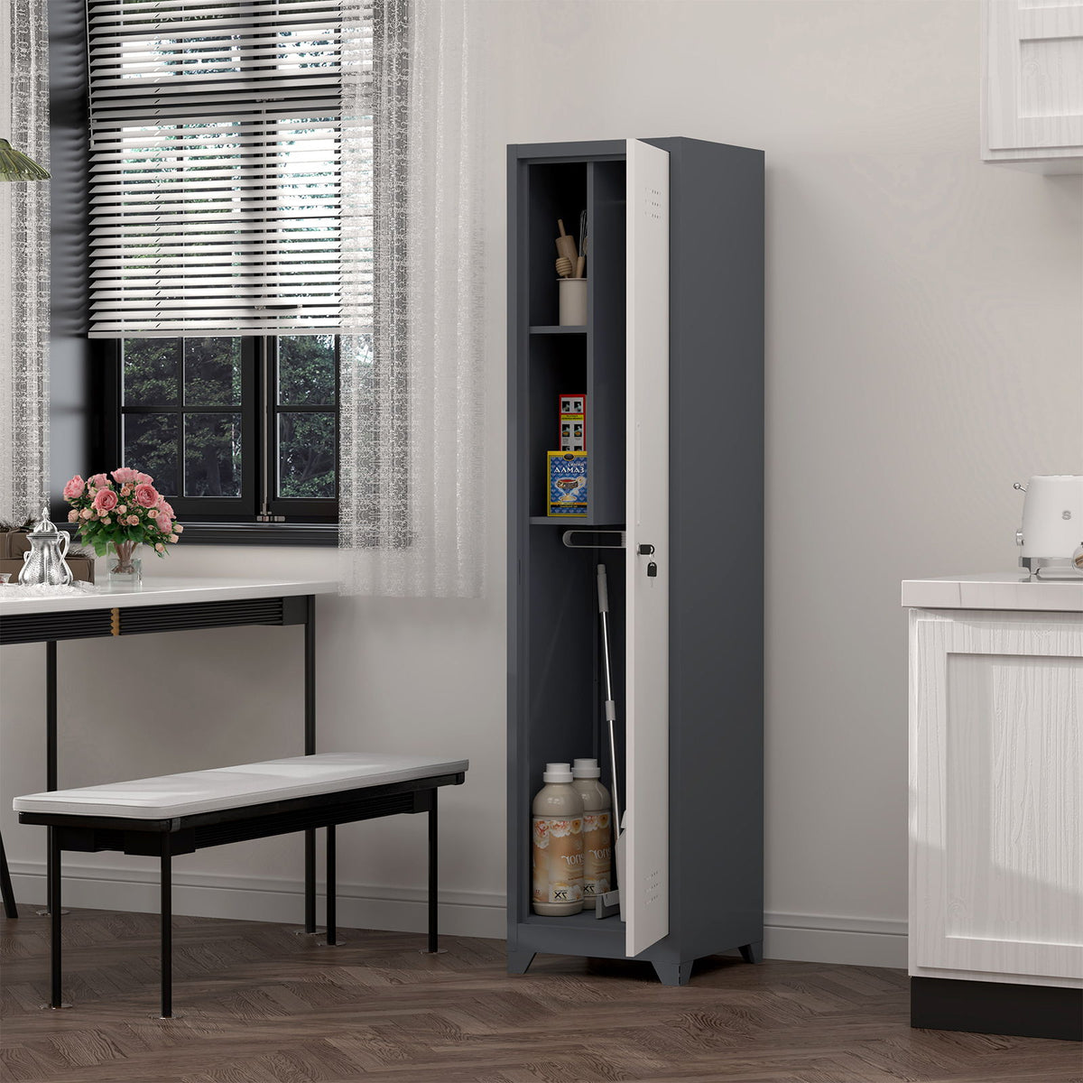 Broom storage cabinet narrow slim gray with white door, shelves, hooks HouseOfZazla on Tampa Home & Garden Store