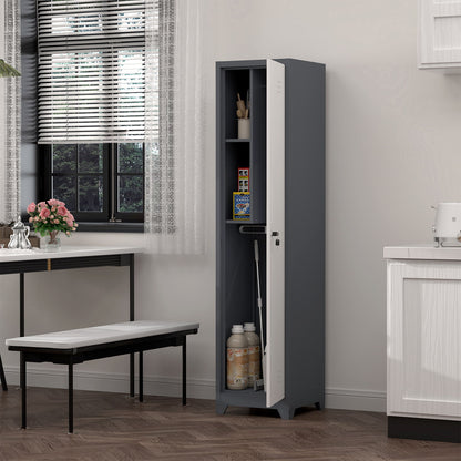 Broom storage cabinet narrow slim gray with white door, shelves, hooks HouseOfZazla on Tampa Home & Garden Store