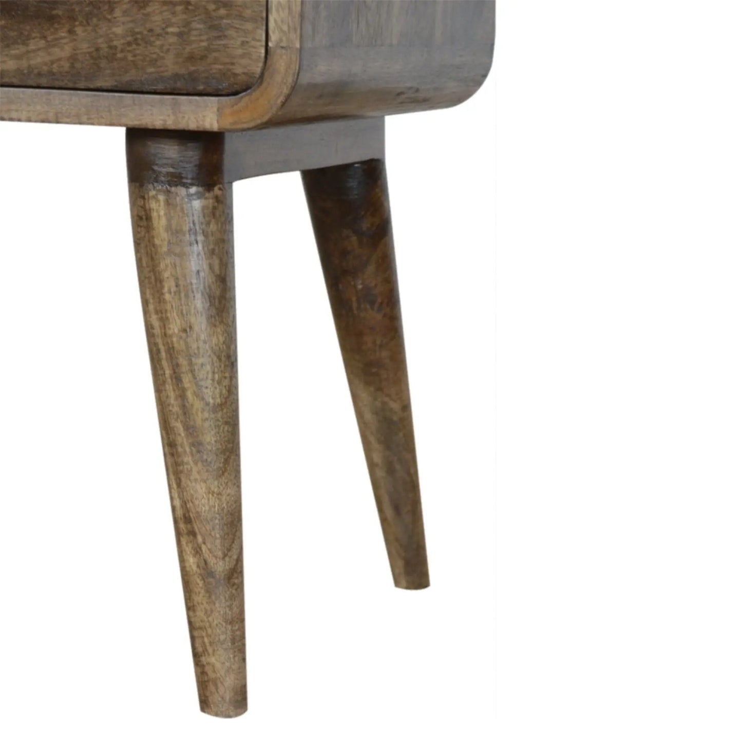 Curved Nightstand in rustic wood finish with rounded edge and tapered legs on Tampa Home & Garden Store