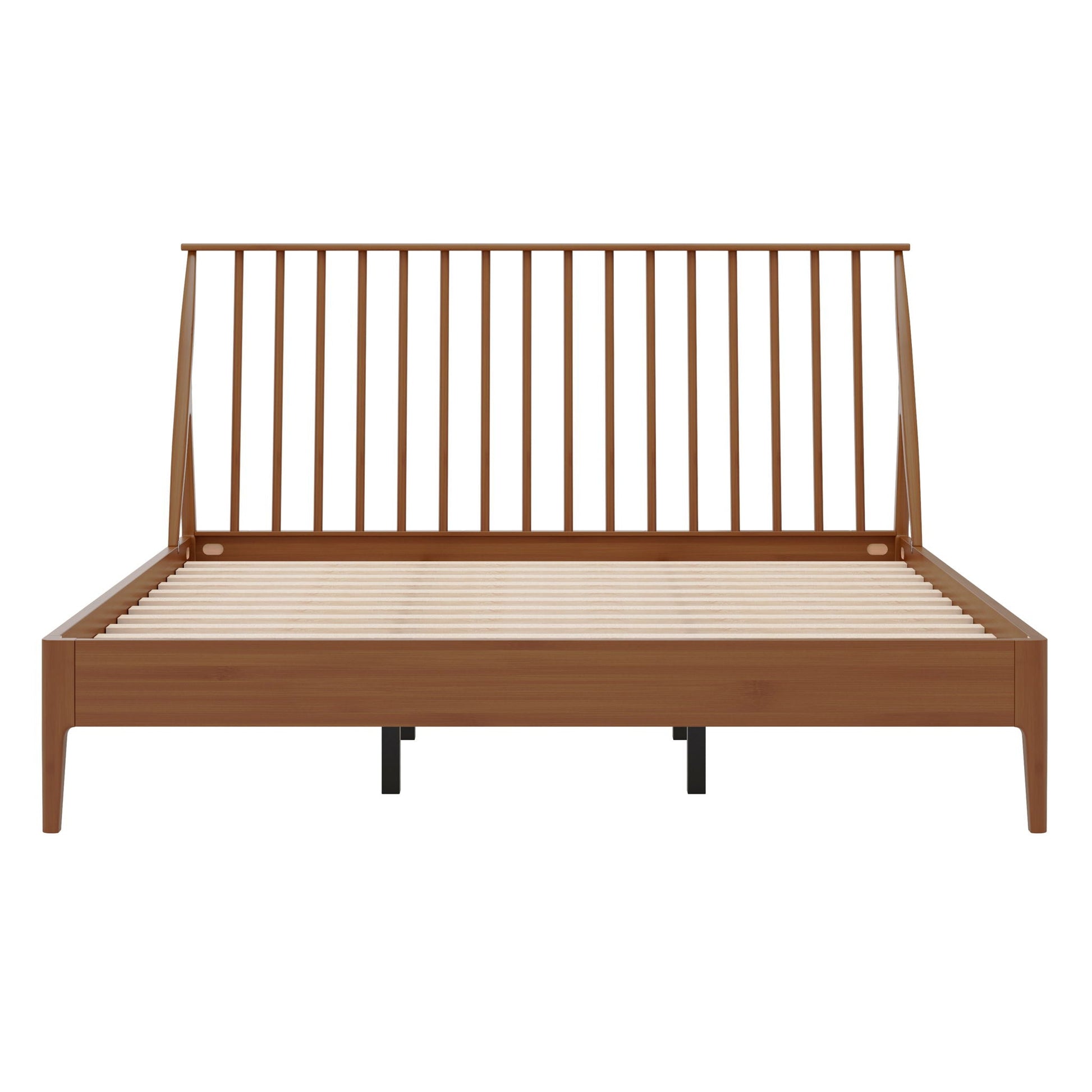 Bohemian platform bed with tall headboard in warm wood finish, slat base by HouseOfZazla on Tampa Home & Garden Store
