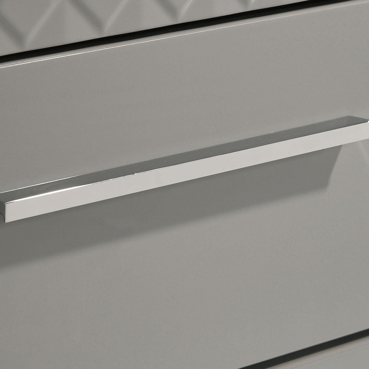 Pierce 4 Piece Bedroom Set With LED Lighting chrome bar handle on a gray dresser front on Tampa Home & Garden Store