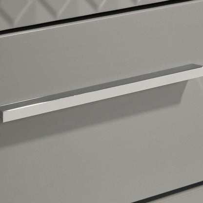 Pierce 4 Piece Bedroom Set With LED Lighting chrome bar handle on a gray dresser front on Tampa Home & Garden Store
