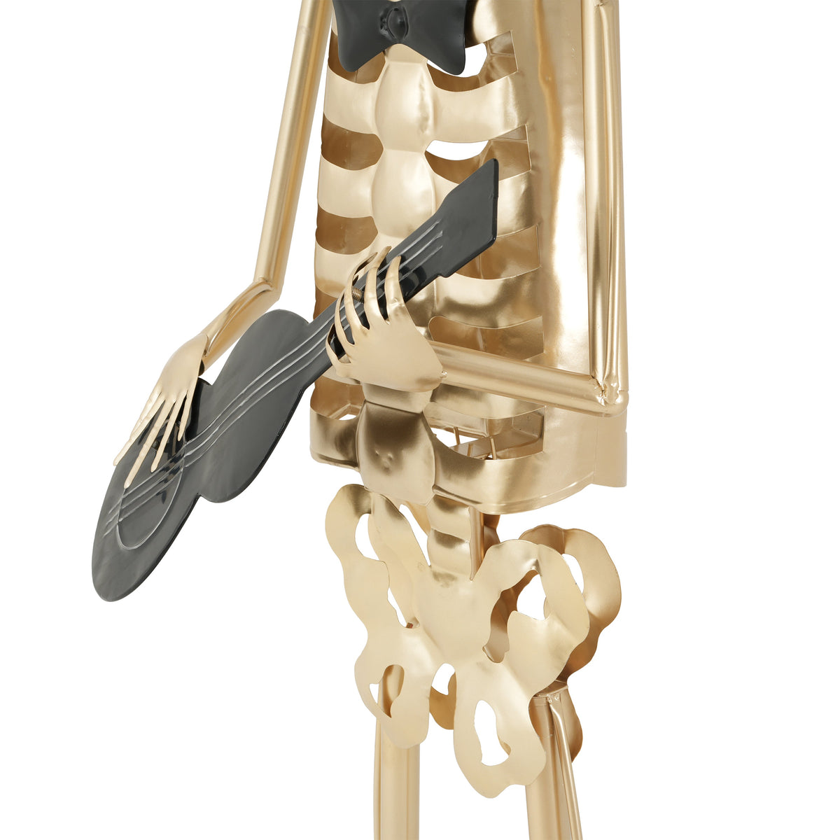 Black Metal Skeleton Musician Statue with gold-tone finish, playing a black guitar on Tampa Home & Garden Store
