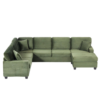 U-shaped upholstered sectional sofa with movable ottoman in olive green corduroy on Tampa Home & Garden Store