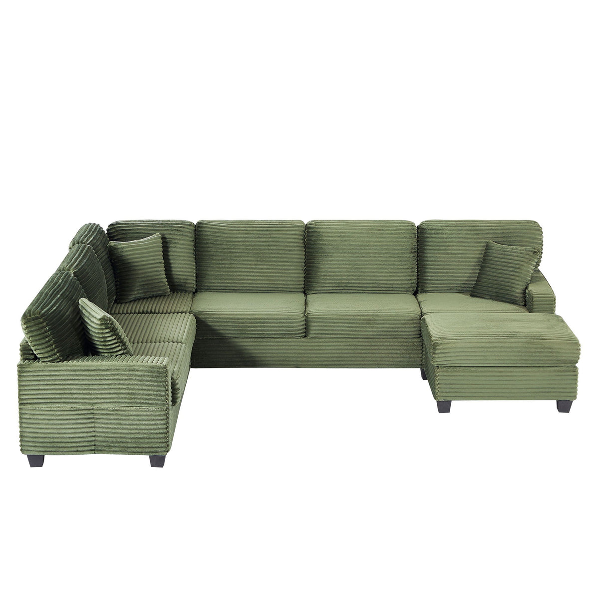 U-shaped sectional sofa with movable ottoman and side storage pockets in green ribbed fabric on Tampa Home & Garden Store