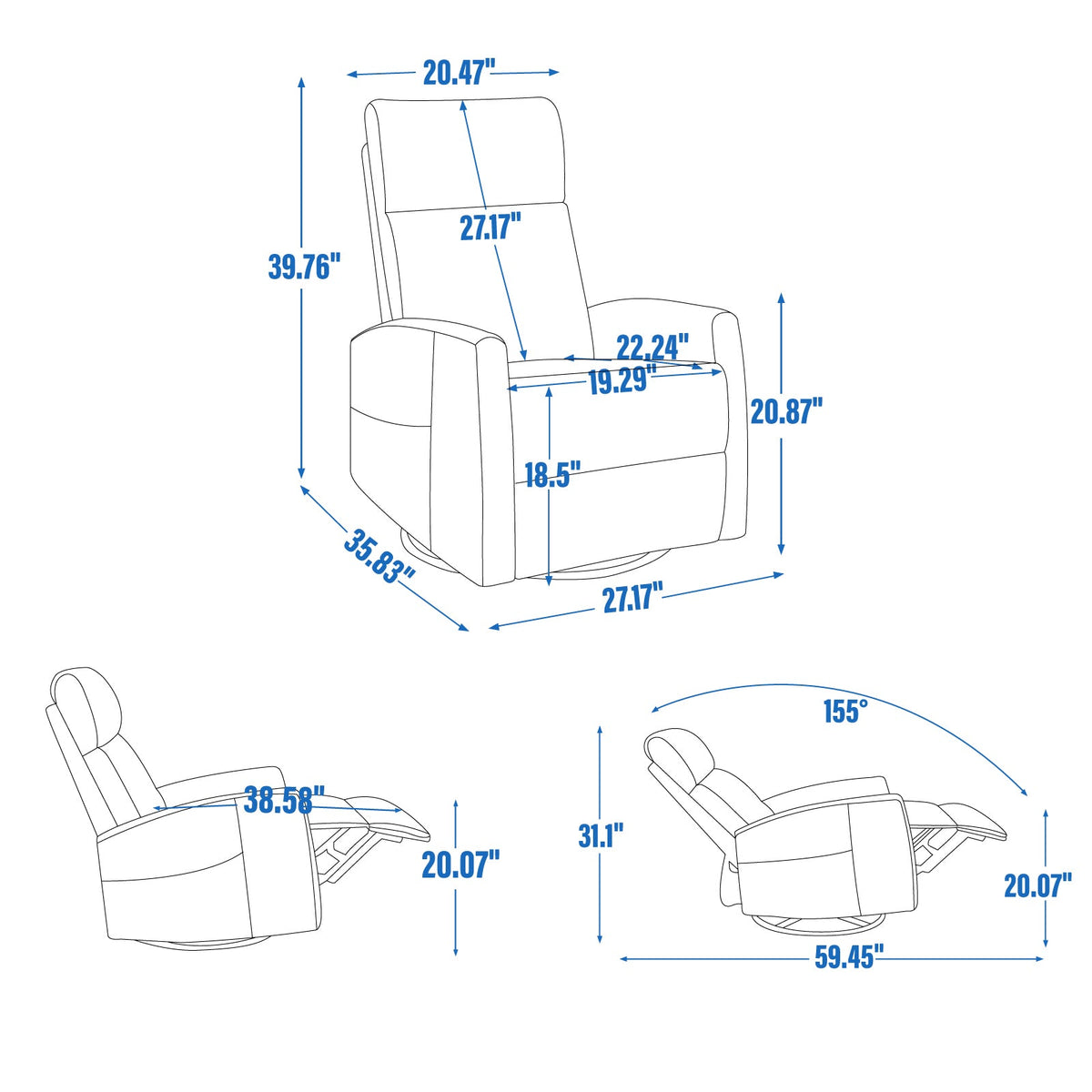 Heat Massage Manual Recliner Chair in Fabric by HouseOfZazla with rocker and swivel dimensions on Tampa Home & Garden Store