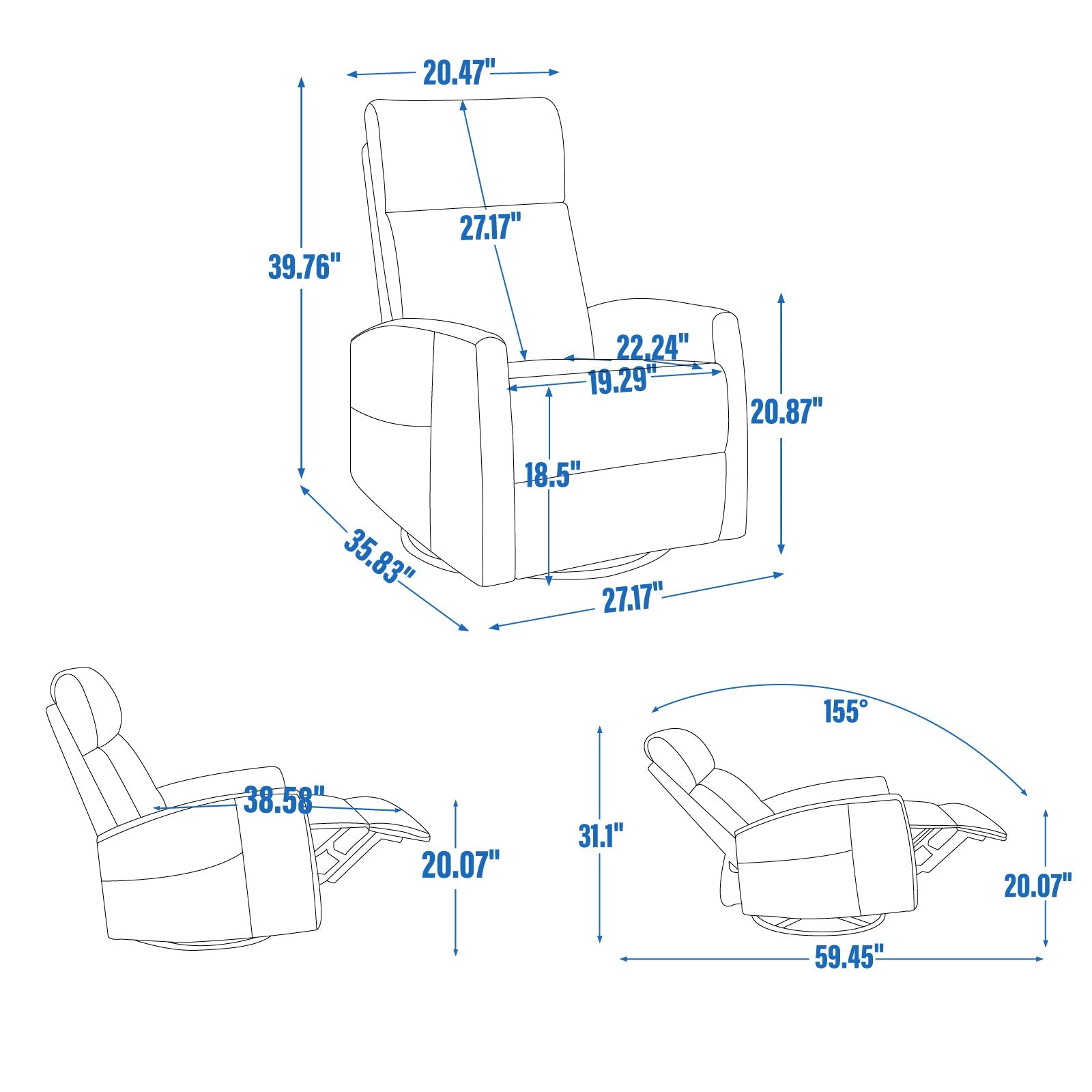 Heat Massage Manual Recliner Chair in Fabric by HouseOfZazla with rocker and swivel dimensions on Tampa Home & Garden Store
