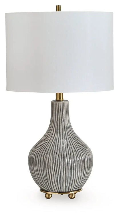Judlen ceramic table lamp gray/gold finish with ribbed bulbous ceramic base and white drum shade on Tampa Home & Garden Store