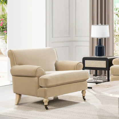 Alana Lawson accent arm chair with caster wheels in beige upholstery on Tampa Home & Garden Store
