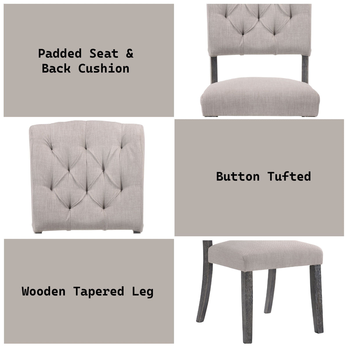 Weathered Side Chair Set with Button Tufting in beige fabric, wood tapered legs HouseOfZazla on Tampa Home & Garden Store