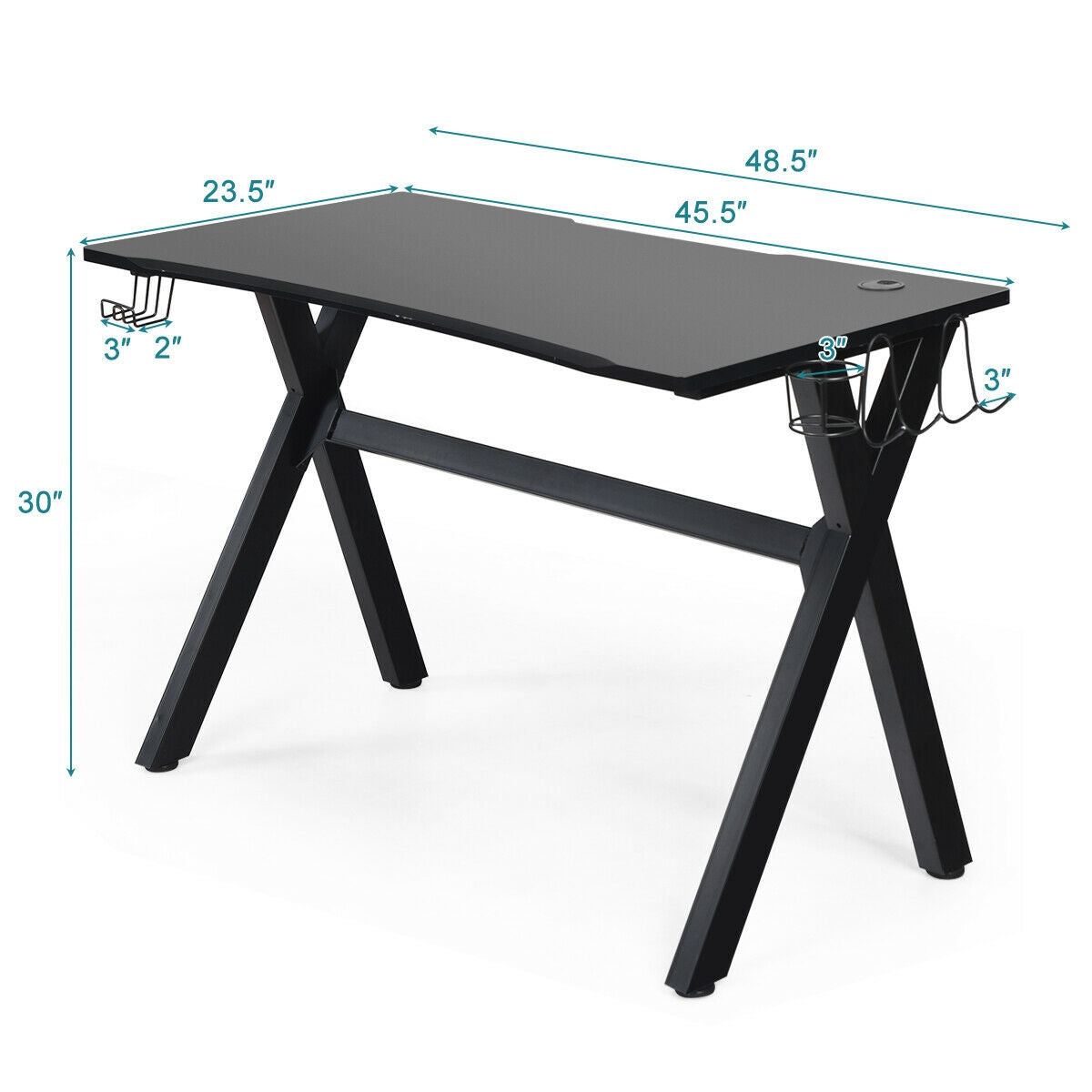Escritorio de juegos ergonómico con alfombrilla para ratón y soporte para auriculares y vasos