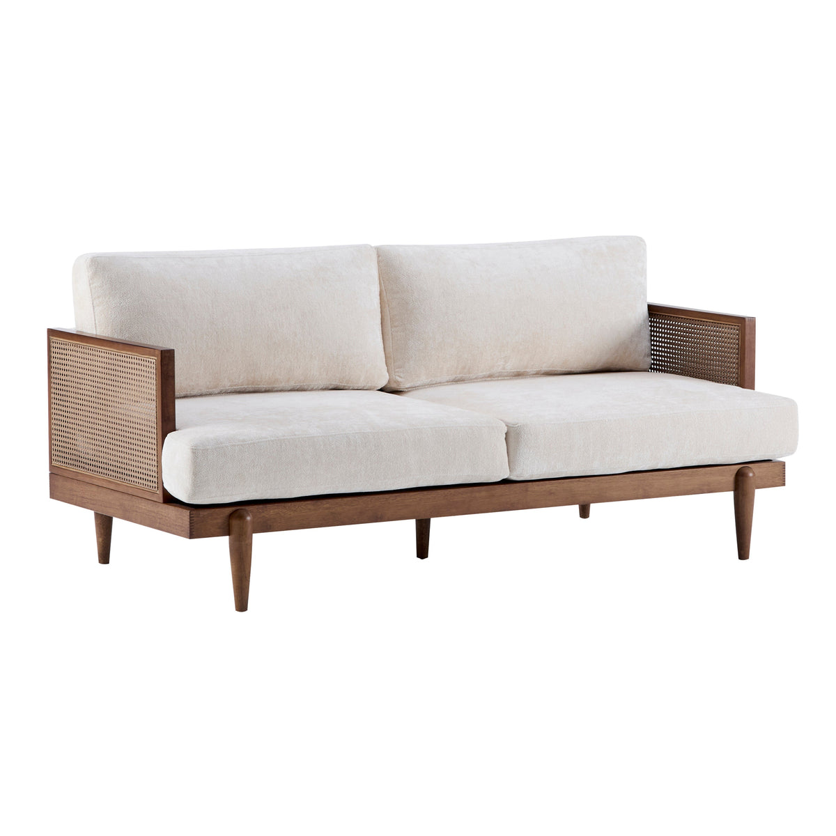 Emir 72in square-arm 3-seater boucle sofa with cane rattan panels and wooden frame on Tampa Home & Garden Store
