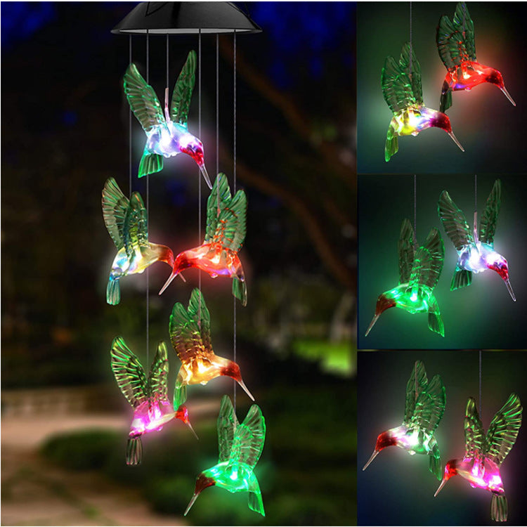 Outdoor solar wind chime lamp ball with hummingbird and butterfly LED figures, garden decor on Tampa Home & Garden Store