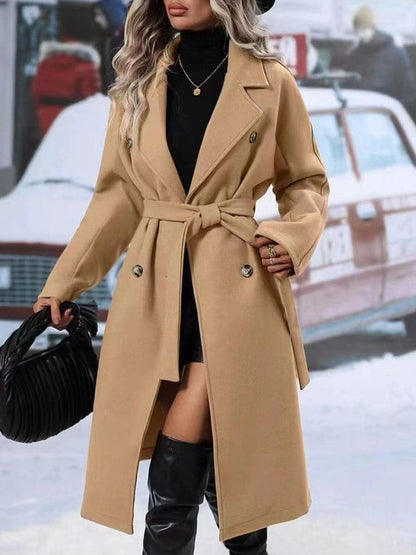 Womens beige wool-blend trench coat with notched lapels, double-breasted, waist belt on Tampa Home & Garden Store