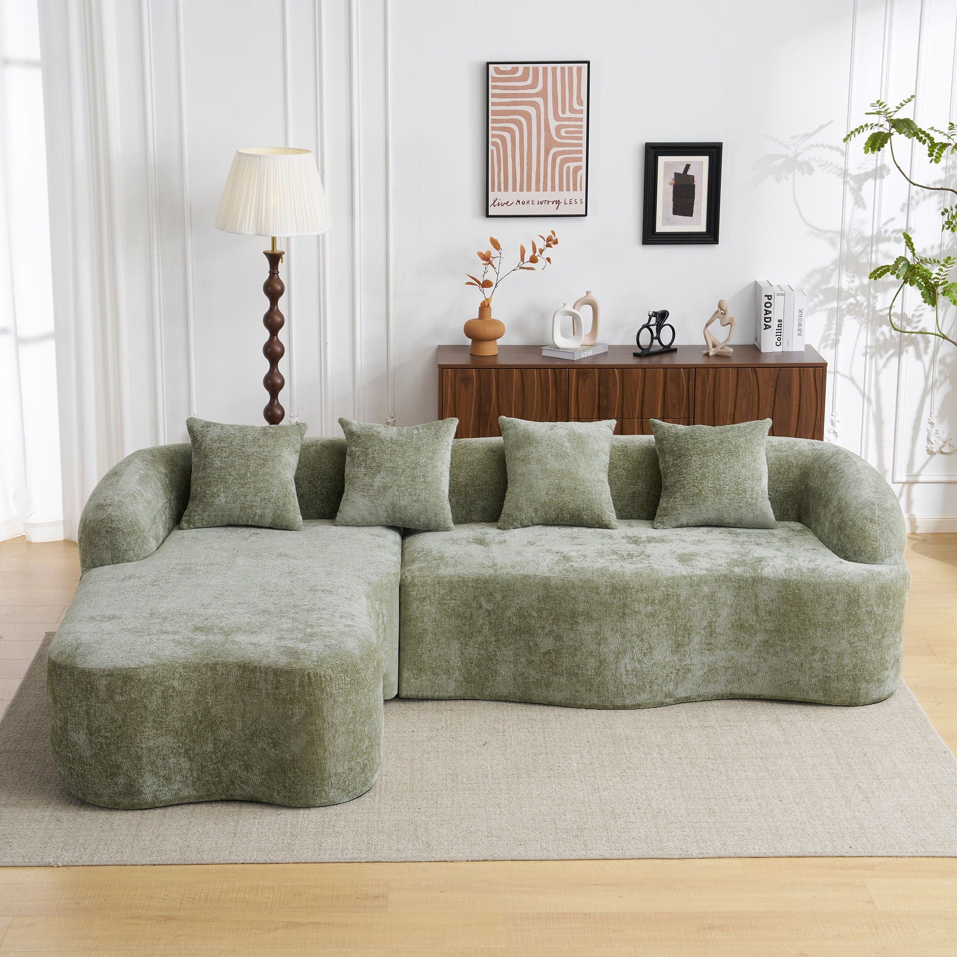 Modular L-Shape Sectional Sofa With Curved Chaise in sage-green boucle fabric with cushions on Tampa Home & Garden Store