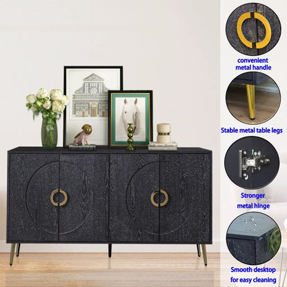 Modern lacquered 4-door wooden sideboard, circular panel fronts, black finish, gold ring pulls on Tampa Home & Garden Store