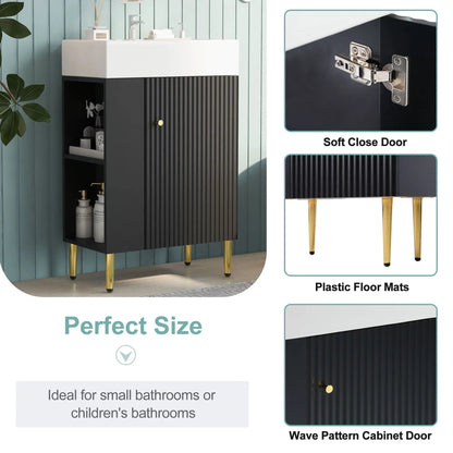Bathroom vanity with white ceramic sink atop black ribbed cabinet on gold legs on Tampa Home & Garden Store