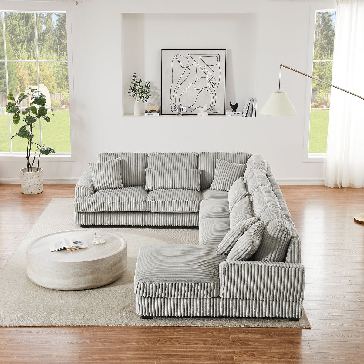 U-shaped gray corduroy sectional sofa with chaise lounge, oversized stationary living room piece on Tampa Home & Garden Store