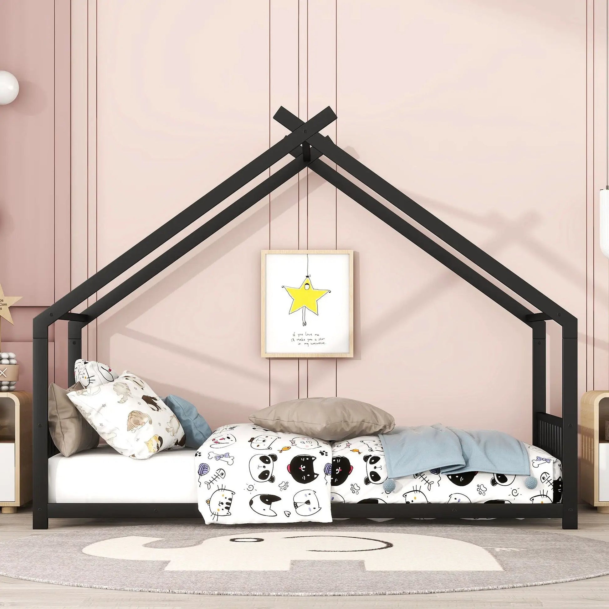 Black metal house bed canopy with angular frame in a pink nursery, panda-themed bedding on Tampa Home & Garden Store