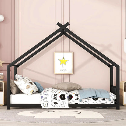 Black metal house bed canopy with angular frame in a pink nursery, panda-themed bedding on Tampa Home & Garden Store