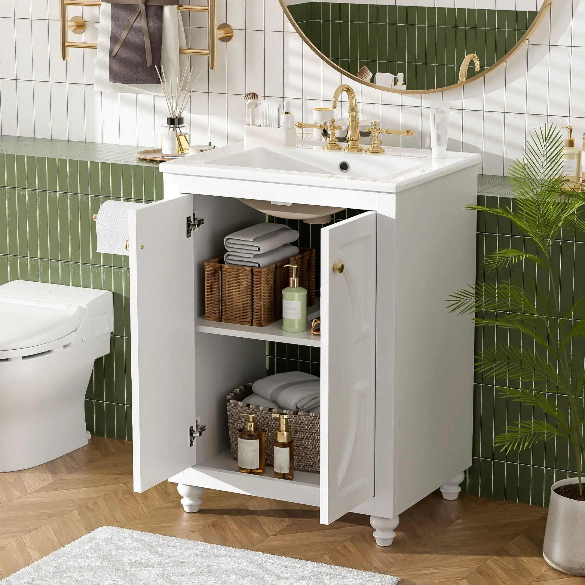 Bathroom Vanity With Ornate Elliptical Motif, white cabinet with brass hardware and sink on Tampa Home & Garden Store
