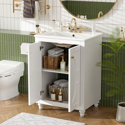 Bathroom Vanity With Ornate Elliptical Motif, white cabinet with brass hardware and sink on Tampa Home & Garden Store
