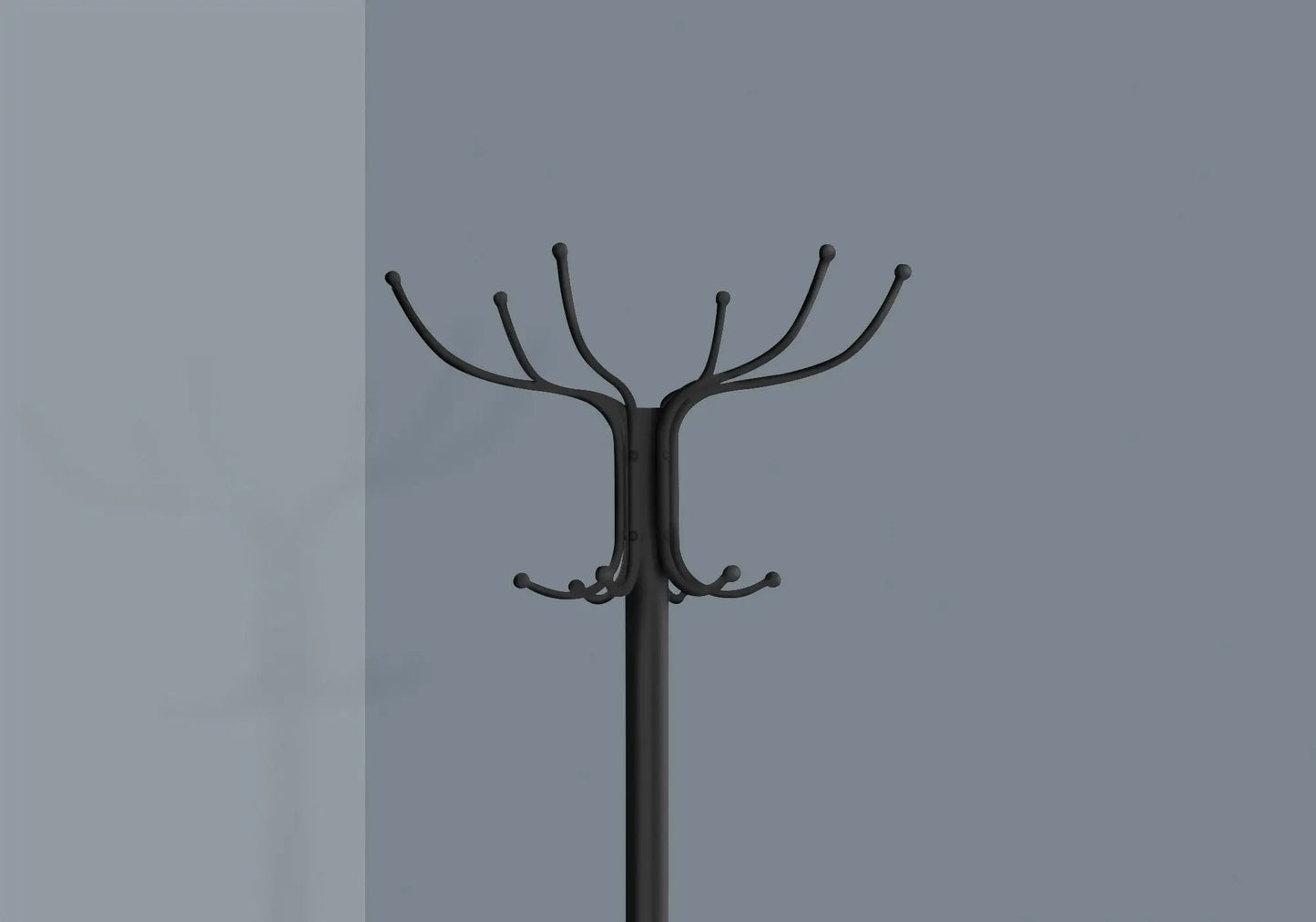 Coat rack hall tree freestanding with 12 curved black metal hooks and umbrella holder on Tampa Home & Garden Store