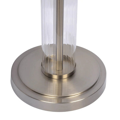 Echo table lamp with clear glass body around brushed silver stem and base on Tampa Home & Garden Store