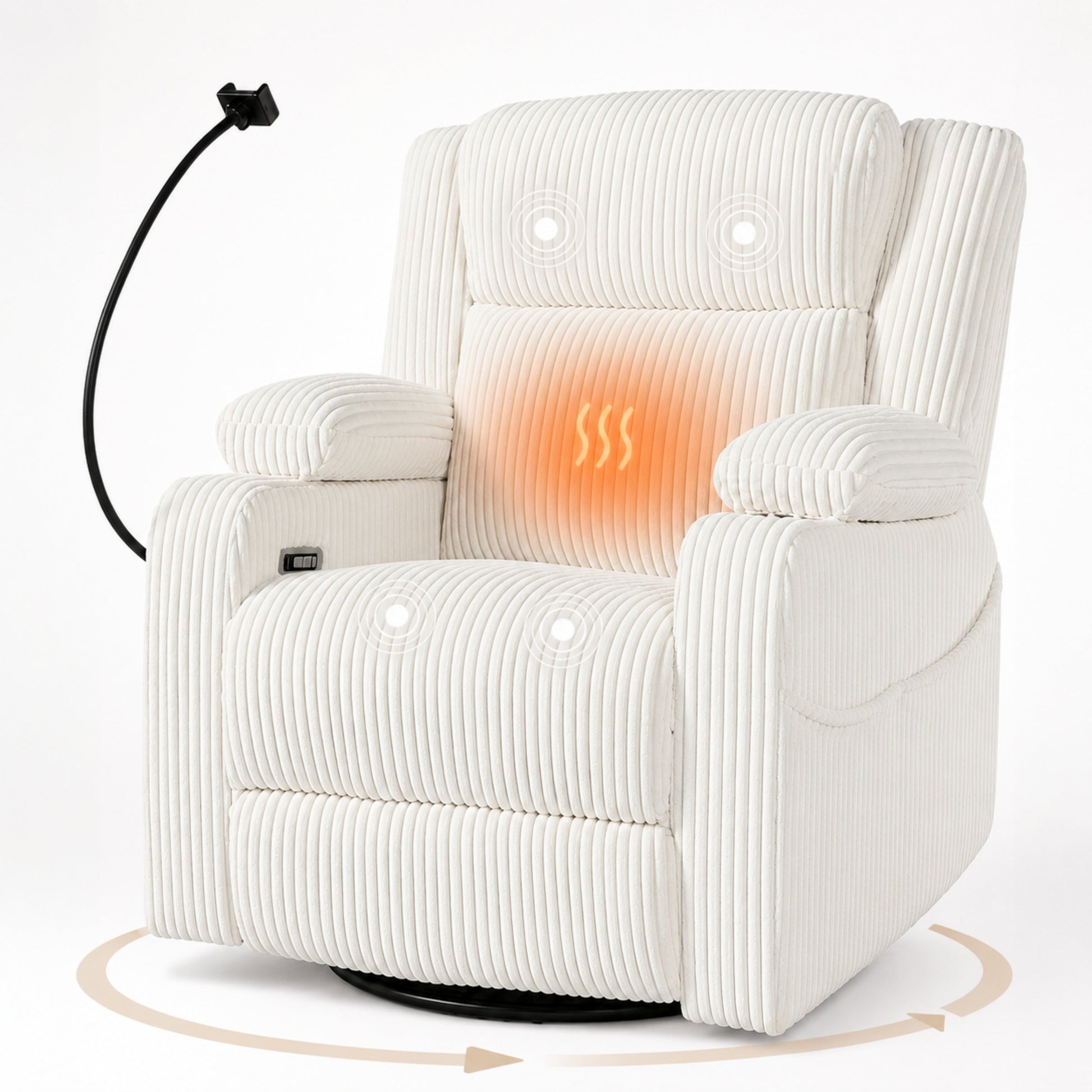 Electric power recliner chair with heat and massage in white corduroy upholstery on Tampa Home & Garden Store