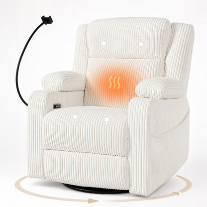 Electric power recliner chair with heat and massage in white corduroy upholstery on Tampa Home & Garden Store