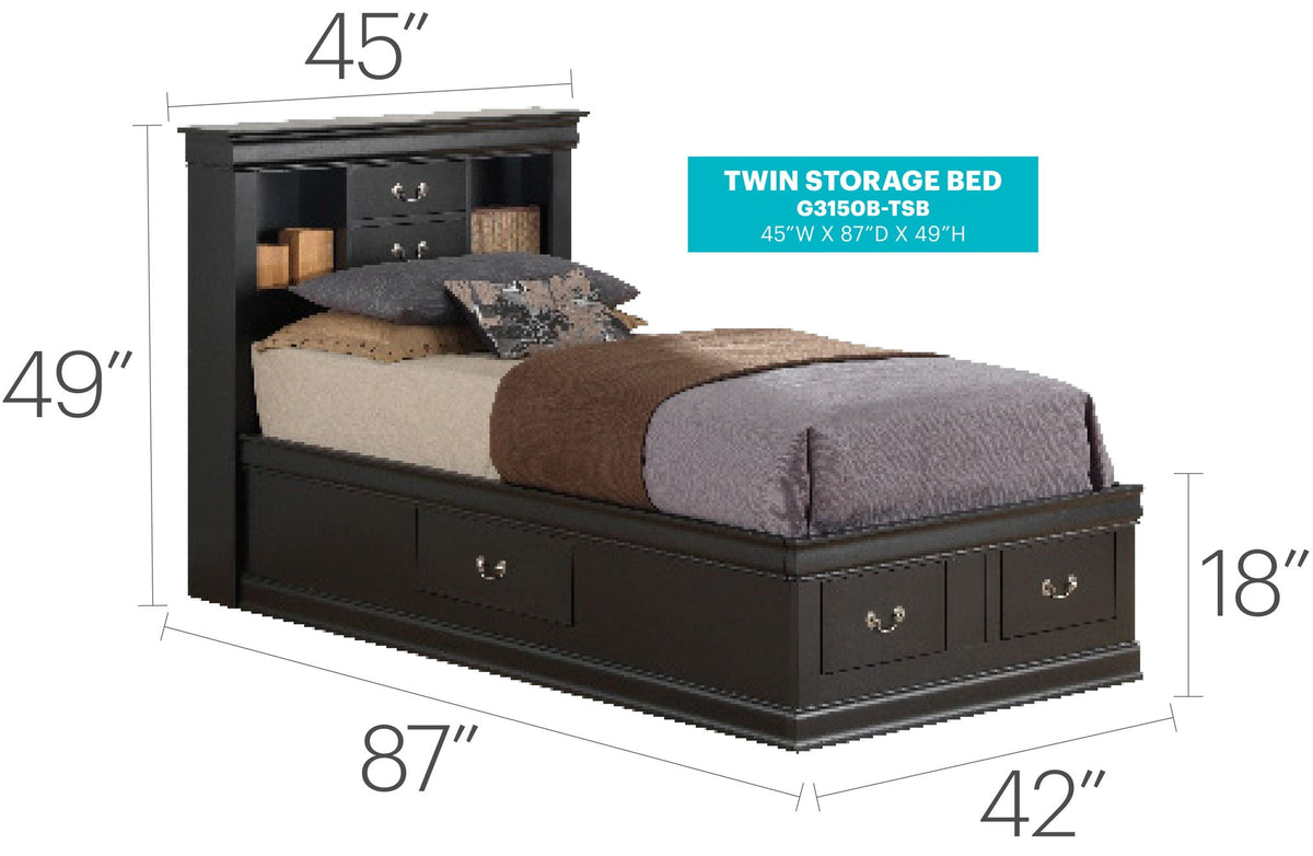 Traditional Style Bookcase Storage Bed in dark espresso with headboard shelves and drawers on Tampa Home & Garden Store