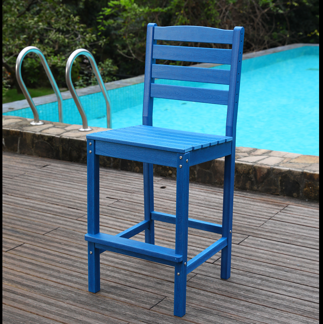 Outdoor Patio Bar Height Chair blue wooden slatted seat for poolside deck on Tampa Home & Garden Store