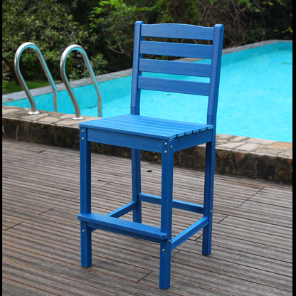 Outdoor Patio Bar Height Chair blue wooden slatted seat for poolside deck on Tampa Home & Garden Store